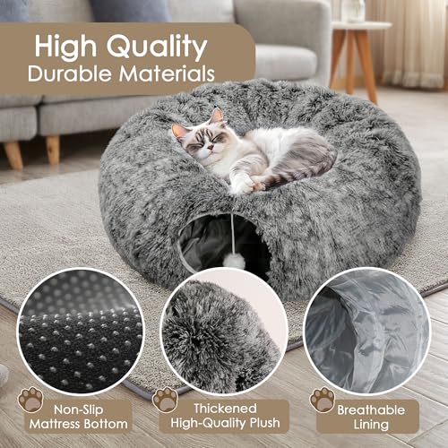 Cat Tunnel Bed for Indoor Cats, Peekaboo Cat Cave with Washable Soft Play Mat, Furry Cat Tube, for Kitten/Puppy/Rabbit, Black - color: black