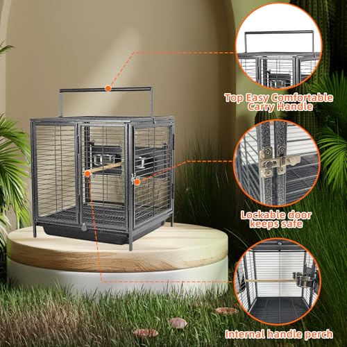 Portable Bird Travel Carrier Cage Black 19 Inch with Handle Wooden Perch,Parrot Travel cage Medium Birds for Cockatiels, Conures