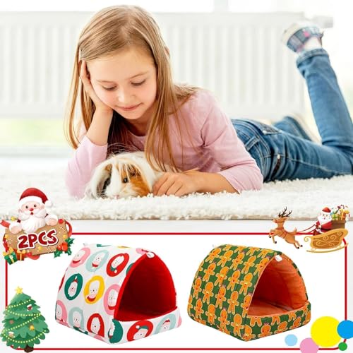 UPINS 2 Pack Christmas Guinea Pig Hideout,Guinea Pig Bed | Washable Small Animal House Cage Accessories,for Chinchillas Hamsters Hedgehogs Ferrets Bearded Dragons and Rats - color: Red Green Yellow, size: 6.8 x 7.4 inch