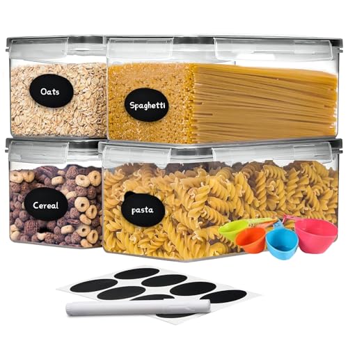 4pc 3.2L Large Airtight Plastic Canisters with Lids, Cups & Labels | Plastic Food Storage with Labels for Spaghetti, Cereal, Oats & Kitchen Pantry Organization, 4 Pack - size: 4 pcs(3.2L)