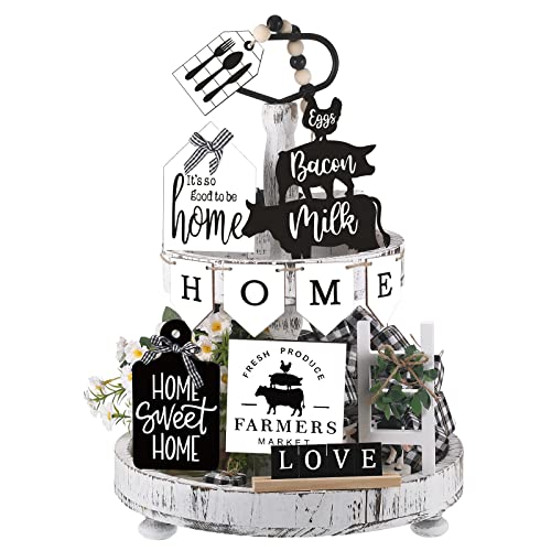 FairySandy Set of 11 Home Tiered Tray Decor Spring Welcome Rustic Farmhouse Tiered Tray Decorations Set Home Wooden Signs Vintage Farm Animal Farmhouse Tabletop Wood Sign for Kitchen Table Shelf Decor - style: Rustic