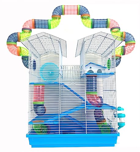 5-Floors Large Twin Tower Syrian Hamster Rodent Gerbil Mouse Mice Rat Home Cage with Crossover Tube Tunnel Expansible and Customizable with Hide House Running Wheel Food Dish Water Bottle - color: Blue