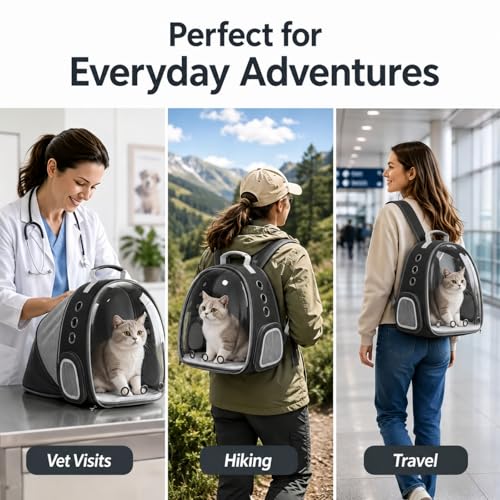 Expandable Cat Carrier Backpack with Bubble Window and Mesh, Black | Anti-collapse frame, breathable mesh, escape-resistant zipper clips and safety leash for vet visits and outdoor travel. - color: Black