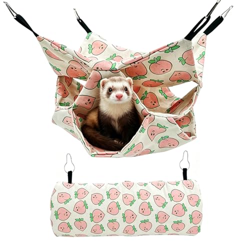 Ferret Hammock and Tunnel Set, 2-in-1 Hanging Bed and Hideout | Double-layer linen, 3-tier hammock and padded tunnel, metal hooks; for guinea pigs, rats, chinchillas and small pets - color: Peach