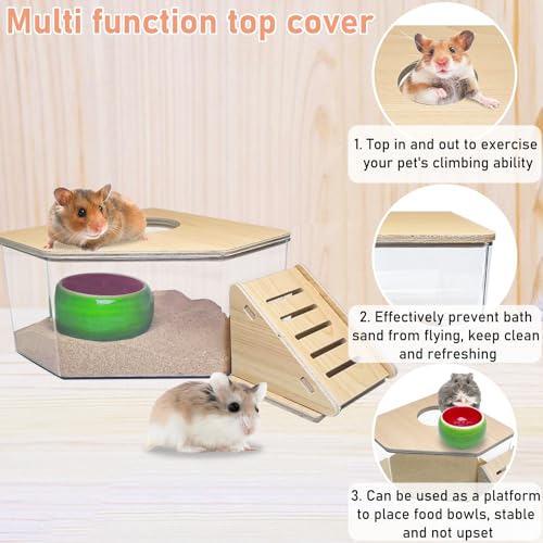 PINVNBY Hamster Sand Bath Box, Transparent Acrylic Sand Bath Shower, Gerbils Digging Room Container with Climbing Ladder and Ceramic Bowl, Litter Box for Hamsters Guinea Pigs Mice (Triangle)