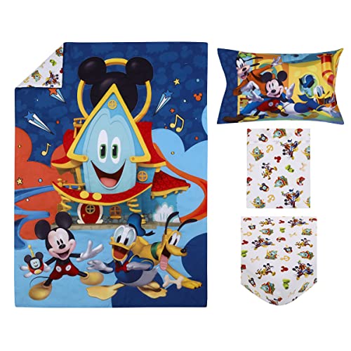 Disney Mickey Mouse Funhouse Crew Blue, Red and Yellow, Funny, Donald Duck, Goofy and Pluto 4 Piece Toddler Bed Set - Comforter, Fitted Bottom Sheet, Flat Top Sheet, and Reversible Pillowcase