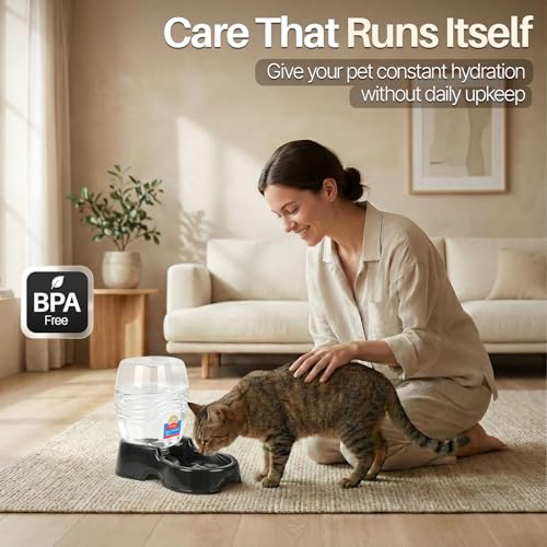 Flexzion Gravity Pet Water Dispenser for Cats & Small Dogs, 1/4 Gal Black | Automatic Cat and Dog Waterer with 900 Ml Reservoir, Non-Skid Feet, Recessed Carry Handle, and Easy-Clean Pp Bowl - color: Black, size: 1.5 L