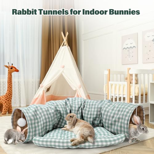 BWOGUE Bunny Tunnel Bed, 2-in-1Collapsible Rabbit Tunnel Hideout with Mat | Removable Mat for Washing, Ball Toy for Play, Tunnel Tubes for Hiding, GreenPlaid Soft Suede Fabric, Cats Rabbits Guinea Pigs - color: GreenPlaid