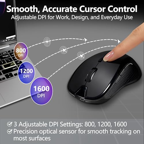 Bluetooth Ergonomic Mouse for MacBook & iPad, Built-In Jiggler, Black | Bluetooth 5.2/3.0 + 2.4G USB-C/USB-A, Silent Rechargeable Mice For Home Office, Study, Laptop, PC, Work, Travel, Students - color: Black