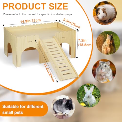 Large Wooden Guinea Pig Hideout with Ramp & 4 Cave Entrances for Small Pets | Easy Assembly, Easy-Clean Surface, Spacious Design, Anti-Slip Ramp, Quality Wood