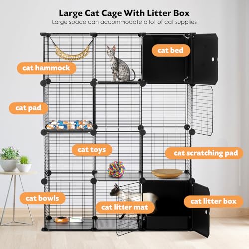 PAWING Cat Enclosure Indoor with Litter Box, 4-Tier Metal Wire Cat Cage, DIY Detachable Design for Cats, Kittens & Small Animals, Multi-Level Kennel - size: 41.3"L x 17.7"W x 55.1"H