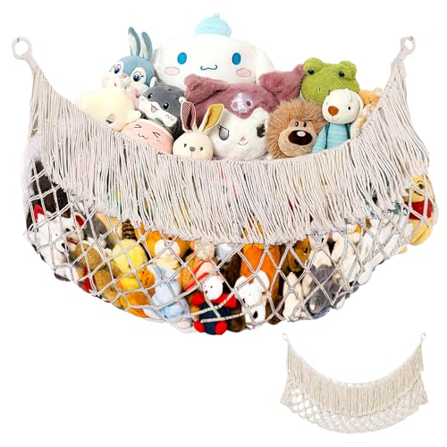 Cotton Stuffed Animal Storage,Stuffed Animal Hammock,Boho Stuffed Animal Net for Bedroom(Cream-Colored)