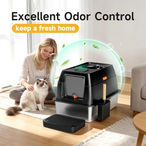 XL Enclosed Stainless Steel Litter Box with Lid, Black | covered, High Sided, Rustproof & Leak Proof, Easy Clean, Odor Control, Includes Scoop & Step & Mat - color: Black