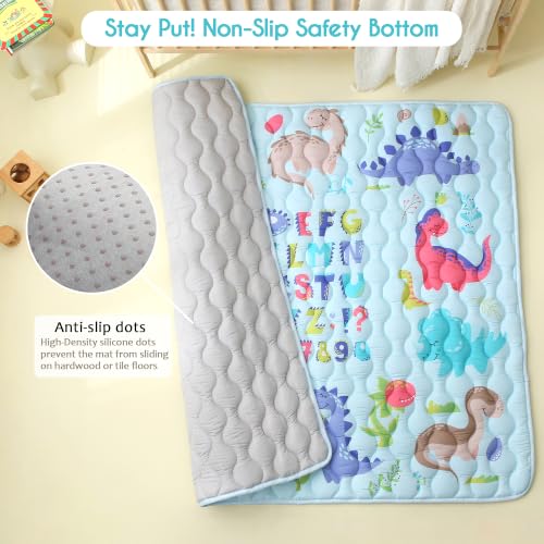 Viviland Baby Mats for Floor, 50x50 Inch Playpen Mat, Thick Cushioning Padding Playmat for Baby and Toddlers Infants, Non-Slip & Machine Washable, Blue Dino and Letters - color: Blue Dino and Letters, size: 50" X 50"