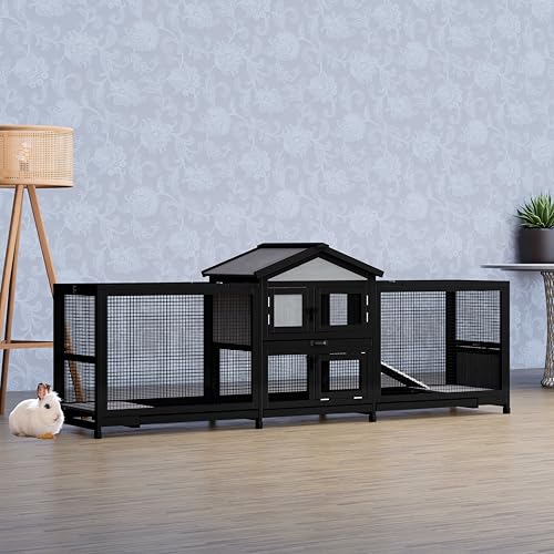 89" Wooden Rabbit Hutch Bunny Cage Pet Playpen House Enclosure with Double Side Run Boxes, Ramp, for Guinea Pig and Small Animals, Black - size: 89 inch