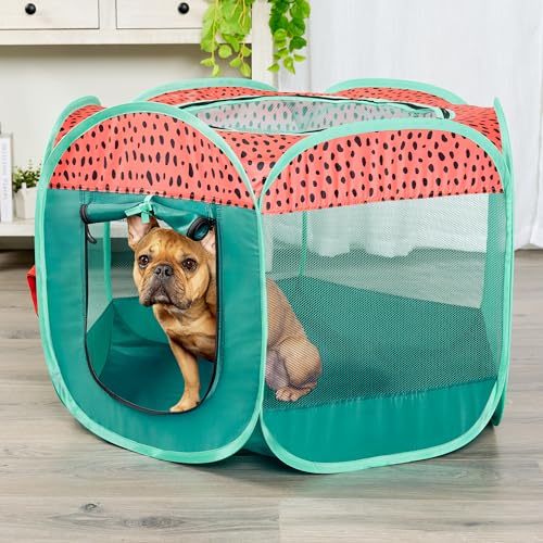 Furhaven Portable Dog Playpen Cat Tent, Pet Playground,Kennel Foldable Indoor Outdoor Zippered Puppy Crate - Green & Pink, Small - color: Green & Pink, size: Small