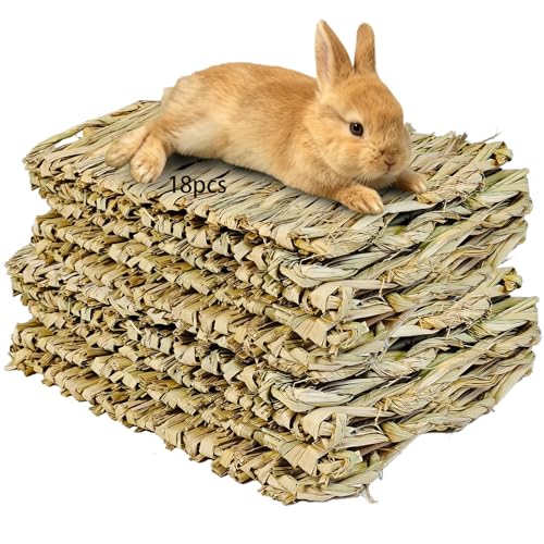 Tfwadmx 18 Pack Bunny Grass Mat Rabbit Natural Straw Woven Bed Small Animal Cages Hay Mats Sleeping Nesting Chewing Toys for Guinea Pig Rabbit Chinchilla Squirrel Hamster - size: 18Pcs