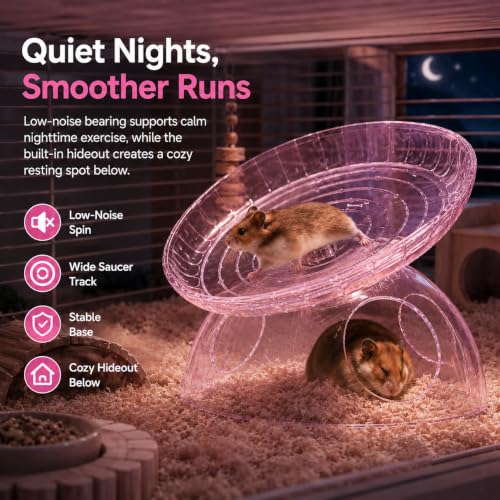 Silent Hamster Wheel with Hamster Hideout, Quiet Flying Saucer Exercise Wheel for Dwarf Hamsters, Stable Running Wheel, Small Animal Cage Accessory, Easy to Clean (Pink) | 2-in-1 flying saucer wheel with hideout, quiet spin, wide track, clear body, stable
