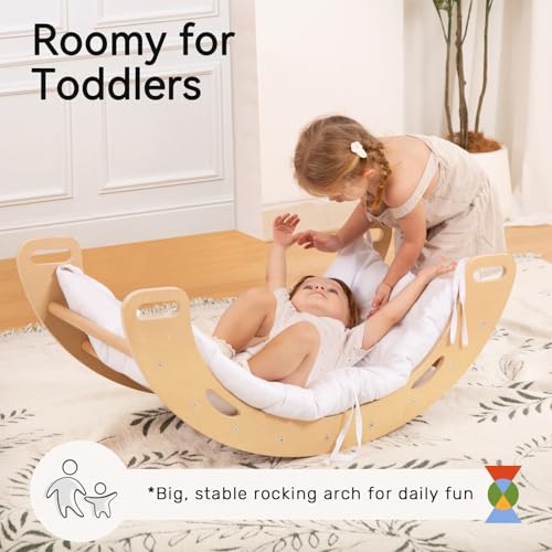 Pikler Triangle Set, Montessori 8-in-1 Climbing Set with Cushion | Wood Jungle Gym for 18M-5Y, Foldable, Reversible Animal Slide, Patent-Protected, 2.35in Gap, ASTM F963, Wood - color: Teak