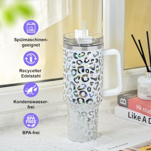 40 oz Tumbler with Handle and Straw, 100% Leak-Proof Travel Mug, Stainless Steel Double Wall Vacuum Insulated Coffee Cup Keeps Cold For 34 Hours, Dishwasher Safe, Lavender Leopard - color: Lavender Leopard