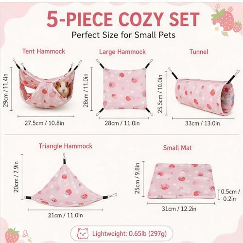 5 Pack Ferret Hammock, Rat Hammock, Washable Guinea Pig Hideout Bed, Soft Hanging Tunnel & Mat, Small Pet Cage Accessories for Chinchilla, Squirrel (Pink)