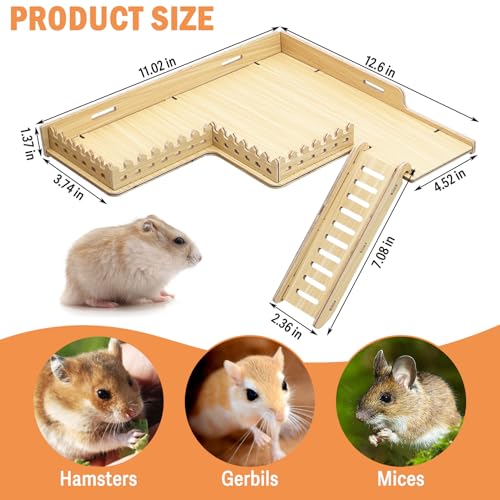 Fhiny Wooden Platform for Cage, Hanging Gerbil Climbing Platform with Ladder & Fence - Hamster Activity Playground Habitat Decor Cage Accessories for Dwarf Hamster, Gerbil, Mice, Rat, Mouse
