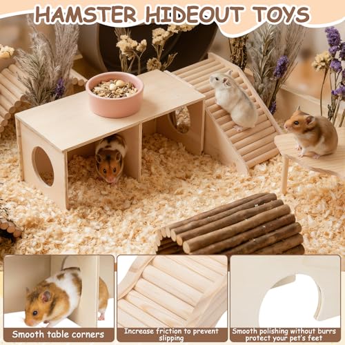 BreezeHug 4 Pcs Hamster Cage Accessories Hamster Platform Hideout Wooden Tunnel Ladder Playhouse Game Climbing Toy with Platform for Pets Dwarf Syrian Mice Degus Gerbils Squirrel(Peek) - style: Peek