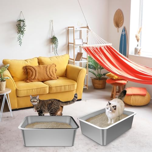 Lawei 2PCS Stainless Steel Cat Litter Box, Medium Metal Litter Pan for Kitty/Kitten/Cat/Rabbits, Non Stick Litter Boxes, Rust Proof Indoor Litter Tray, 17.5 x 13.5 x 6 Inch, Easy to Clean, Non Smell