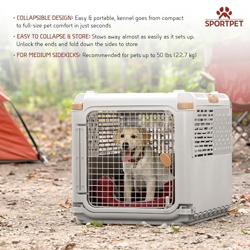SportPet Designs Collapsible Medium Pet Travel Carrier (Tan), Hard-Sided Kennel for Medium Dogs, Puppies, Cats, Kittens, Animals up to 50lbs, Washable Home & Outdoor Pet Crate, 30.6"L x 22"W x 23.25"H - color: 30" Medium (Tan)