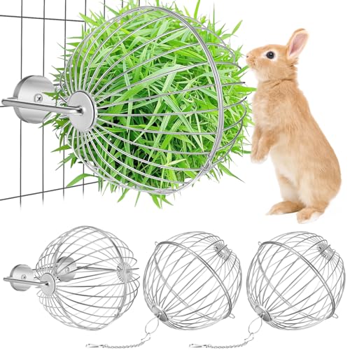 2 Pack Rabbit Hay Ball Feeder Stainless Steel Hanging Hay Holder Dispenser Small Animal Grass Feeder Rack Ball Toy for Bunny Hamster Guinea Pig Chinchilla Gerbils Cage Accessories Supplies