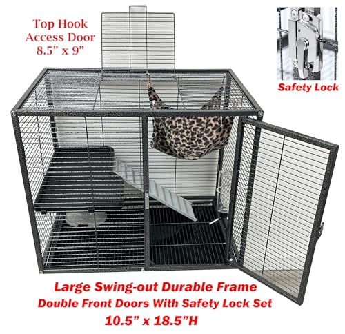Large Two Full Story Deluxe Double Unit 4-Tiers Tight 1/2-Inch Bar Spacing Durable Front Doors Water Bottle Food Bowl for Feisty Ferret Squirrel Hammock Rat Gerbil Small Animal Critter Rolling Cage
