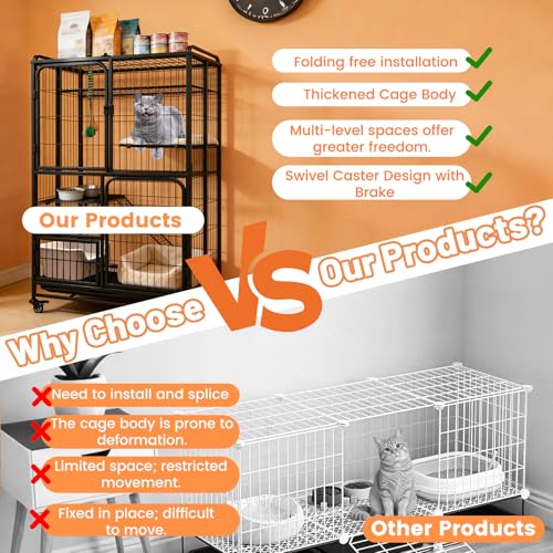Multi-Tier Collapsible Cat Cage Crate, Metal Wire Cat Enclosures for Indoor | Cat playpen with 360° Wheels and Secure Lock,Large Ferret Kennel for Adult Cats Kitten Chinchilla (Black 4-Tier)