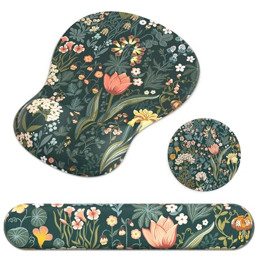 Ergonomic Mouse Pad with Wrist Rest and Keyboard Wrist Rest, Gel Mousepad | Wrist Rest for Computer Keyboard, Pain Relief, Non-Slip PU Base, Mouse Pad Wrist Support for Gaming, Office, Green Flower - color: Green Flower