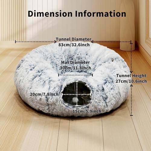 Cat Tunnel Bed for Indoor Cats with Washable Cushion Cat Cave Donut Tunnel with Fluffy Ball Big Round Tube Pet Playground Toys Soft Plush Peekaboo for Kitten, Cat, Puppy, Rabbit, Ferret - color: Grey