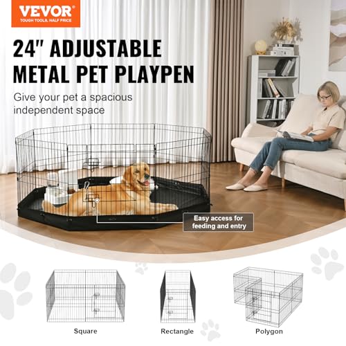 VEVOR Foldable Metal Dog Exercise Pen, Pet Playpen Dog Fence for Camping with Bottom Pad, 24" H 8 Panels, Puppy Crate Kennel Indoor Outdoor for Small & Medium Dogs, Both for Home & Yard Use - size: 8 panels 24*24in, style: Playpen + Bottom Pad