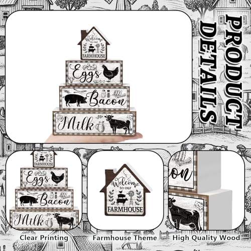 Tiered Tray Decor Set, 4 Pcs, Wooden, for Home Kitchen, Rustic | Farm Animal Rooster, Farmhouse Rustic Summer Coffee Table Centerpieces Office Decorations - style: Farm Animal