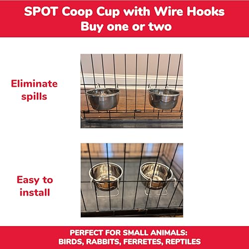 SPOT Stainless Steel Mini Coop Cup with Wire Hooks – 10 oz Small Pet Food & Water Bowl, Rust-Resistant & Easy to Clean, Attaches to Cages for Birds, Parrots, Rabbits, Ferrets, Rats & Small Pets
