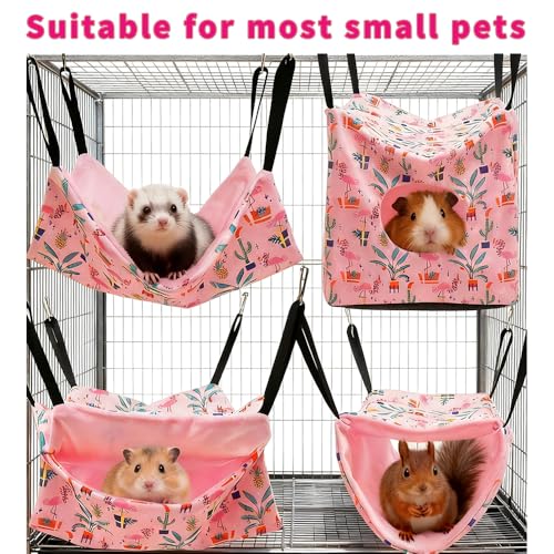 4 Pack Ferret Hammock Set, Hanging Soft Small Animal Hammocks with Hideout,Tunnel and Double Layer,Cage Accessories for Ferret,Rats,Sugar Glider,Squirrel (Pink) - color: Pink