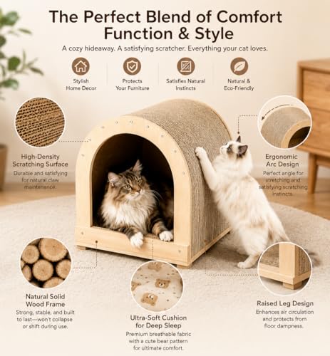 Modern Cat House for Indoor Cats, 2-in-1 Cat Scratcher Lounge with Cozy Cushion, Wooden Furniture Style Cat Condo Bed for Cats & Kittens