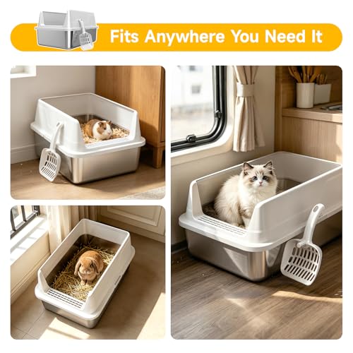 Stainless Steel Cat Litter Box with Scoop,M Metal Pan for Kittens | Metal Litter Box with High Sides & Lid, Open Top Low Entry , Non-Stick Easy Clean ，Kitty Cat Box for Indoor Cats, High Wall