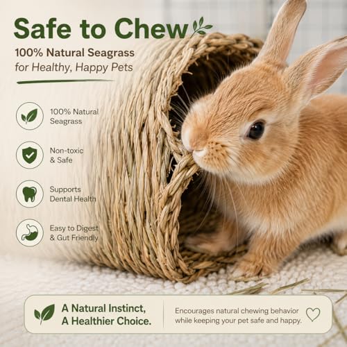 PEMAR Natural Seagrass Bunny Tunnel - Handwoven Rabbit Hideaway & Edible Grass House - Safe Chew Toy, Bed for Guinea Pigs, Chinchillas, Rats & Indoor Bunnies - Small Animal Enrichment (9x8.3x6.3”)