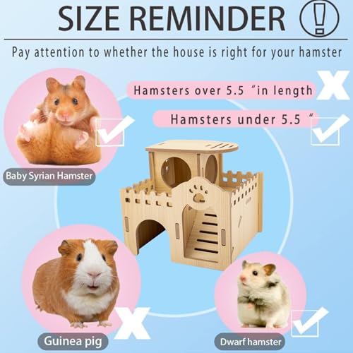 Natural Wood Hamster Habitat Hideout Cage Accessories, Maze Cabin with Fun Slide & Double-Decker House, Exercise Toys for Dwarf Hamsters, Gerbils, Mice, Other Small Animals(Only for Small Hamster D)