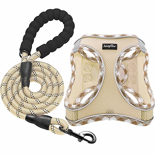 haapaw Dog Harness with Leash Set, No Pull Adjustable Reflective Step-in Puppy Harness with Thickened Padded Vest for Extra-Small/Small Medium Dogs - color: Beige, size: M