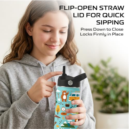Camping 16 oz Water Bottle with Straw – Kids Stainless Steel Vacuum Insulated Cup, Leakproof Straw Lid, Reusable Travel Mug for Outdoor Sports - color: Camping1