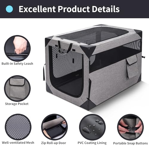 Zikopomi 30 Inch Portable Travel Dog Crate, 3 Door Collapsible Soft Pet Kennel with Durable Mesh Windows for Small and Medium Dogs, Foldable Dog Cage with Storage Pocket for Outdoor (Light Grey) - color: Light Grey, size: 30.0"L x 21.0"W x 21.0"H