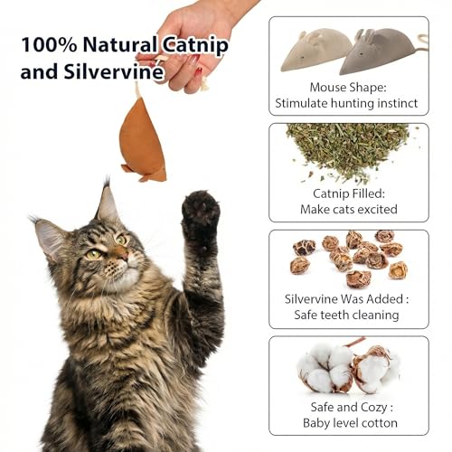 Big Mouse Cat Toys with Catnip, 6 Pcs Large 5inch Size Mice for Indoor Cats | Handcrafted, Catnip & Silvervine Blend,Interactive Play,Adult Cats and Kittens, Encourages Cuddling, Chasing, Kicking - size: Large
