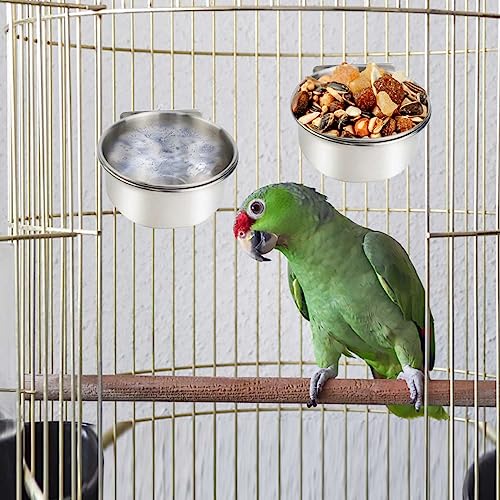 2 Pack Stainless Steel Bird Bowls for Cage Parrot Food Water Bowl Bird Feeding Dish Cups Parrot Food Water Feeder Pet Hanging Bowl Crate Coop Cups with Clamp Holder for Small Animal Dog Parakeet