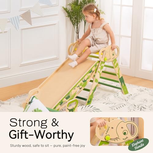 Pikler Triangle Set, Montessori 8-in-1 Climbing Set with Cushion | Wood Jungle Gym for 18M-5Y, Foldable, Reversible Animal Slide, Patent-Protected, 2.35in Gap, ASTM F963, Green - color: Green