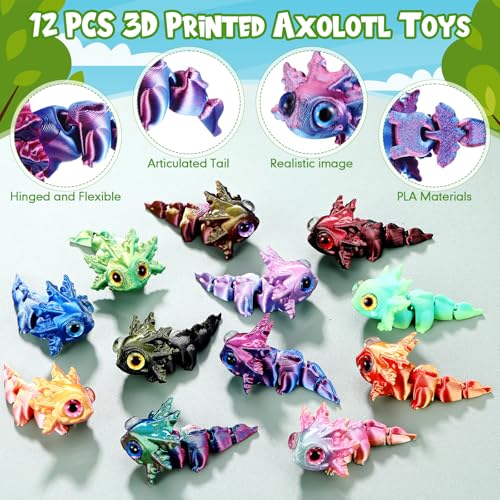 Honoson 12 Pcs 3D Printed Animals 5-7cm, Baby Axolotl | Articulated Fidget Animals, Flexible 3D Printed Figures for Stress Relief, Cute Mini Joints for Party Favors and Display - size: 5-7cm, style: Baby Axolotl