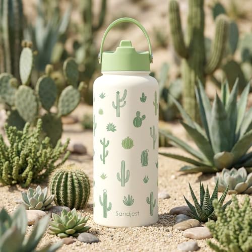 Cactus Gift for Women, Water Bottle Stainless Steel 32oz with Lid & Straw, Plants Lover Insulated Bottles Gifts for Girls Friends Teens Birthday Christmas - color: Cactus